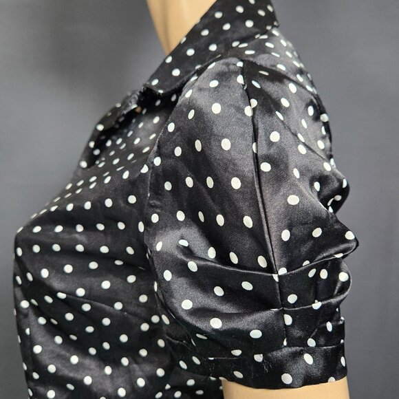 Y2K Fitted Satin Blouse Black Polka Dot Button Up Shirt Size S Short Sleeve - Picture 5 of 10
